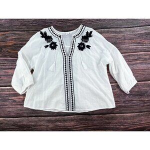 GAP Womens Sz S White Floral Embroidered Tunic Peasant Top Tassel Oversized Blue